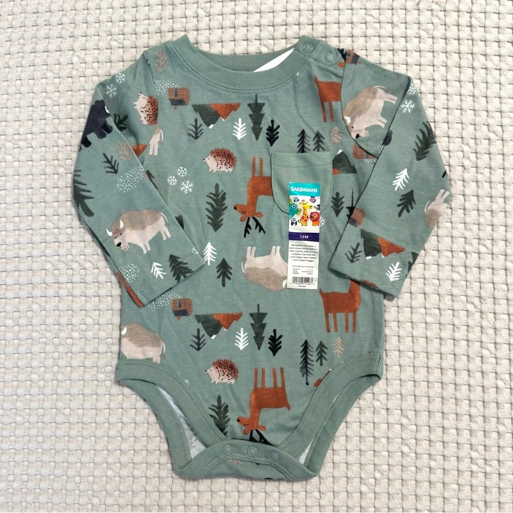 3/$15 🌸 Garanimals Woodland Creatures Baby Boy Green Long Sleeve Animals Onesie